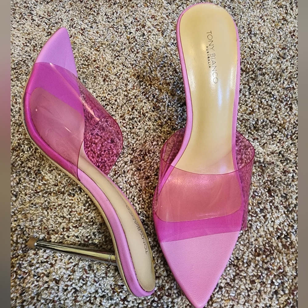 Women's Pink Clear Strap Stiletto Slide Heel - Picture 4 of 10